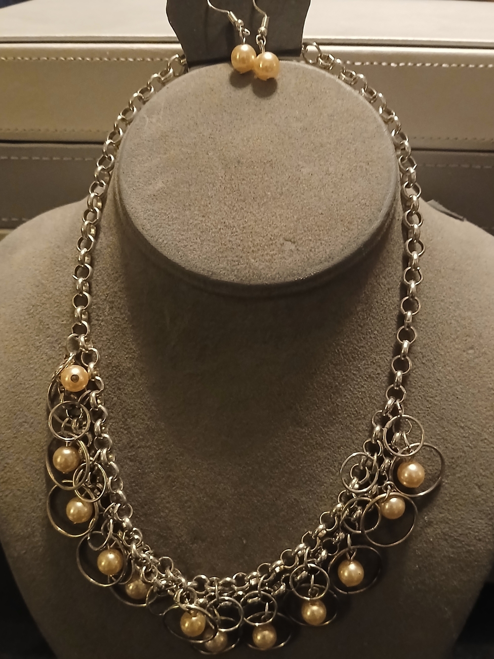 Gold Pearl Accent Multi-Ring Chain Necklace and Earrings Set
